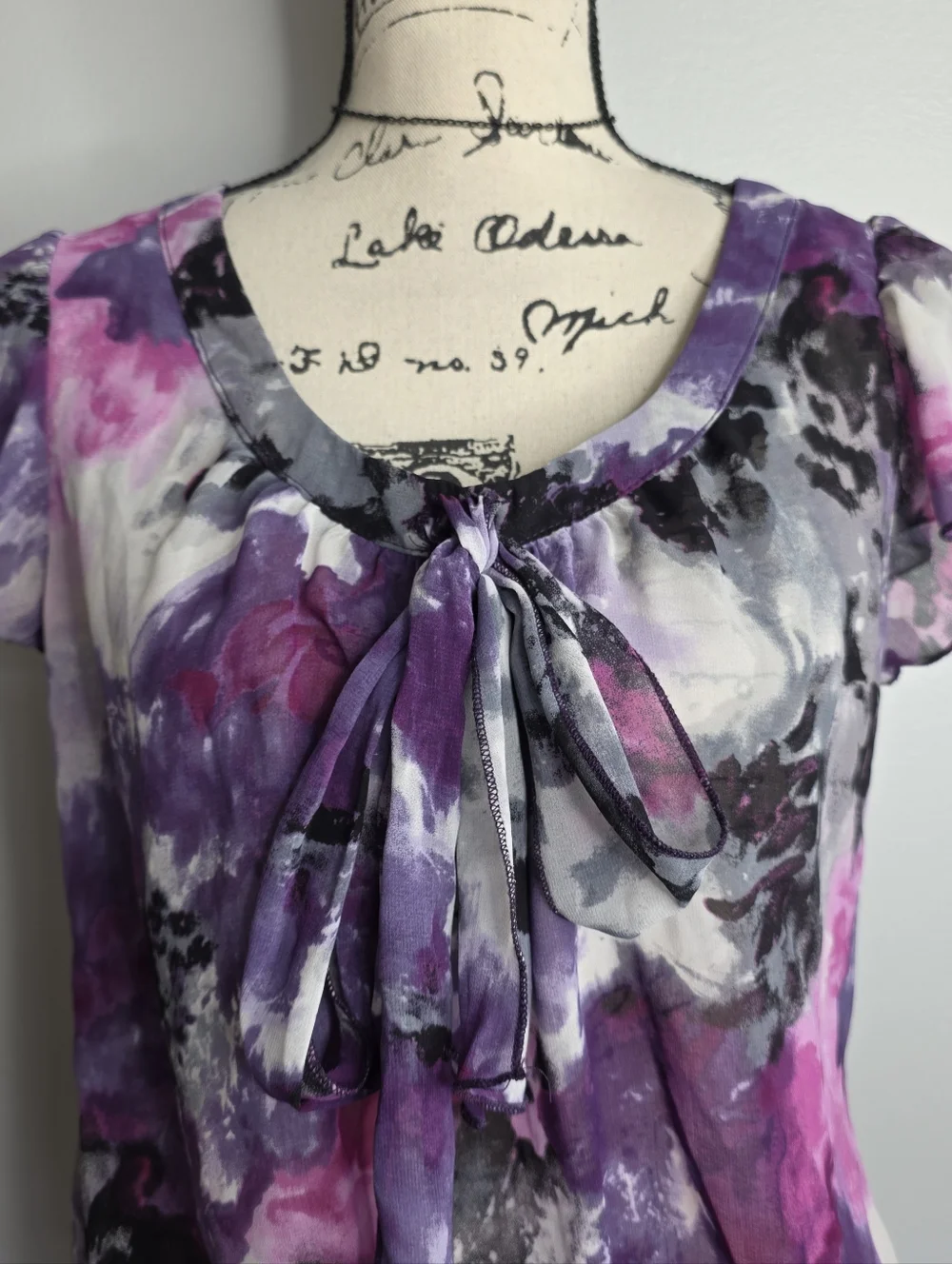 Y2k Wrapper Purple Floral Abstract Sheer Blouse Flutter Sleeve Medium